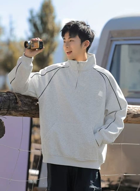 春季美式简约复古半拉链潮牌日系拼接休闲男士长袖套头卫衣