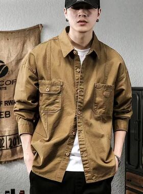 酷帅男装春秋休闲工装衬衫长袖新款百搭复古美式简约开衫衬衣
