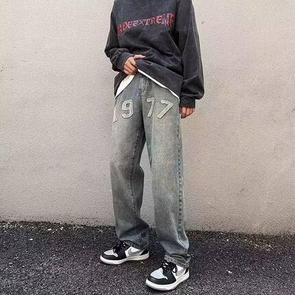 牛仔裤男士1977刺绣秋新款宽松潮流工装直筒休闲裤长裤