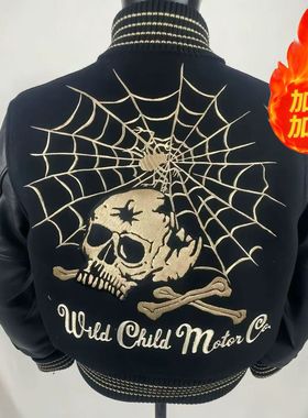 旧子原创东洋黑骷髅蜘蛛网棒球服vintage系列刺绣男女外套