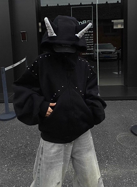 秋冬季美式兔耳连帽卫衣男女柳钉重磅潮牌灰色加厚设计感情侣外套