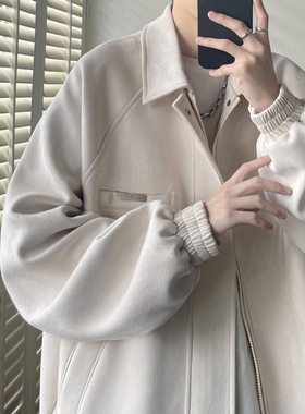 麂皮绒外套男生秋冬季高级感痞帅炸街潮牌青少年宽松休闲翻领夹克