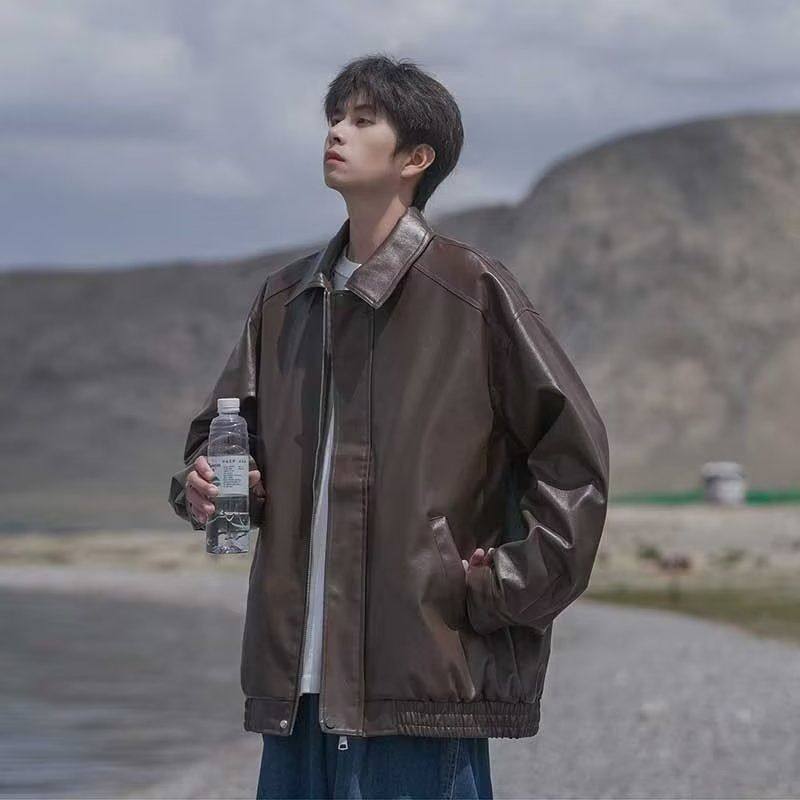 美式复古pu皮衣外套男秋冬棕色男生皮夹秋季男装秋冬皮夹克秋男款