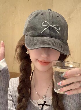 复古灰色蝴蝶结刺绣户外鸭舌帽女2026款夏季韩系显脸小水洗棒球帽