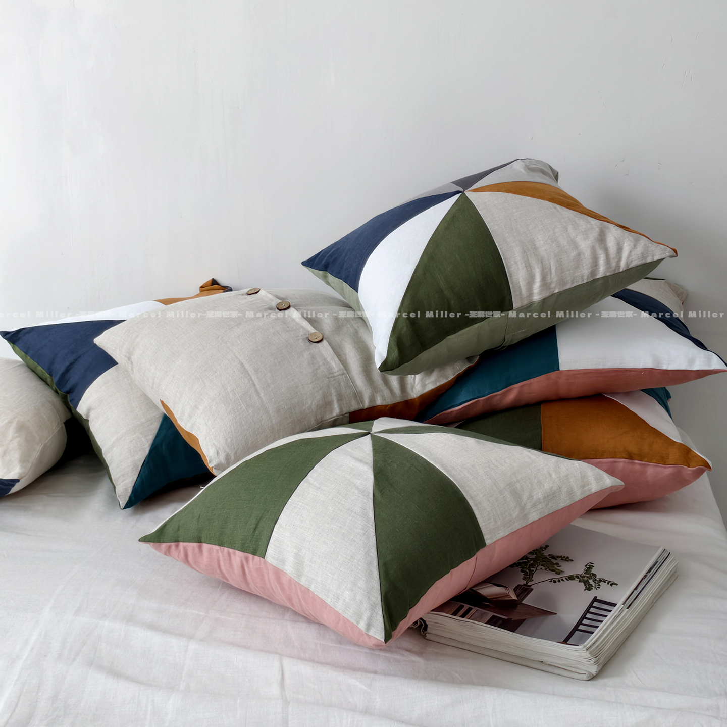 几何亚麻三角拼布抱枕