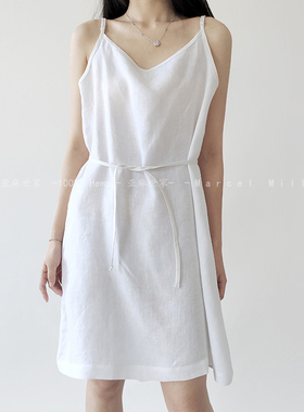 欧美风 100%亚麻汉麻简约白色吊带裙打底裙 纯麻家居睡裙唯美素净