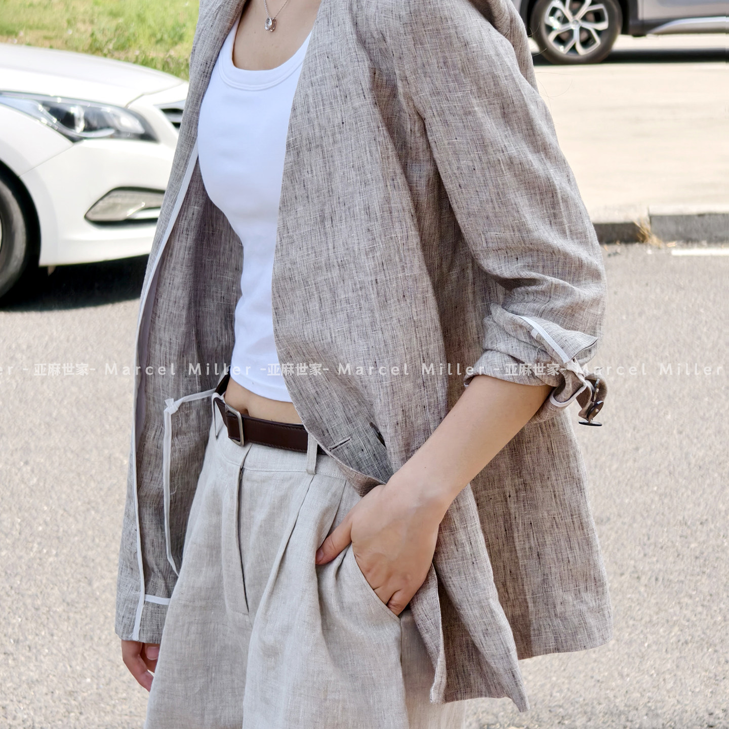 100%纯亚麻色织工艺女士通勤休闲西服外套内里包边透气垂坠显气质