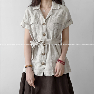 100%汉麻垂韧短袖衬衫 松弛老钱风质感翻领外套设计感 显瘦上衣