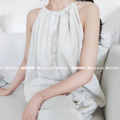 100%亚麻条纹无袖吊带高腰长裤