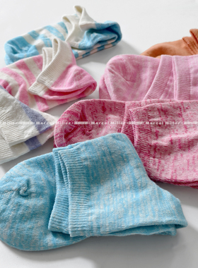 S128法国亚麻纱条纹中筒女士袜子透气舒适彩色短袜抑菌排汗不臭脚