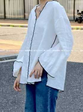 100%亚麻罩衫17支细腻纱线V领宽松设计感上衣显瘦宽松侧开叉衬衫