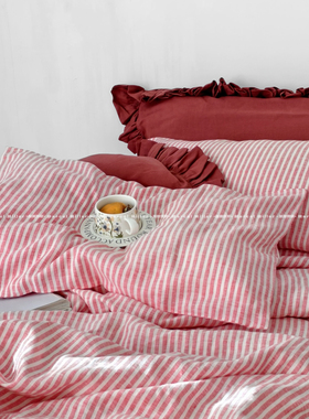 法式亚麻色织红色裸睡四件套条纹床单被套床笠枕套四季款床品套件