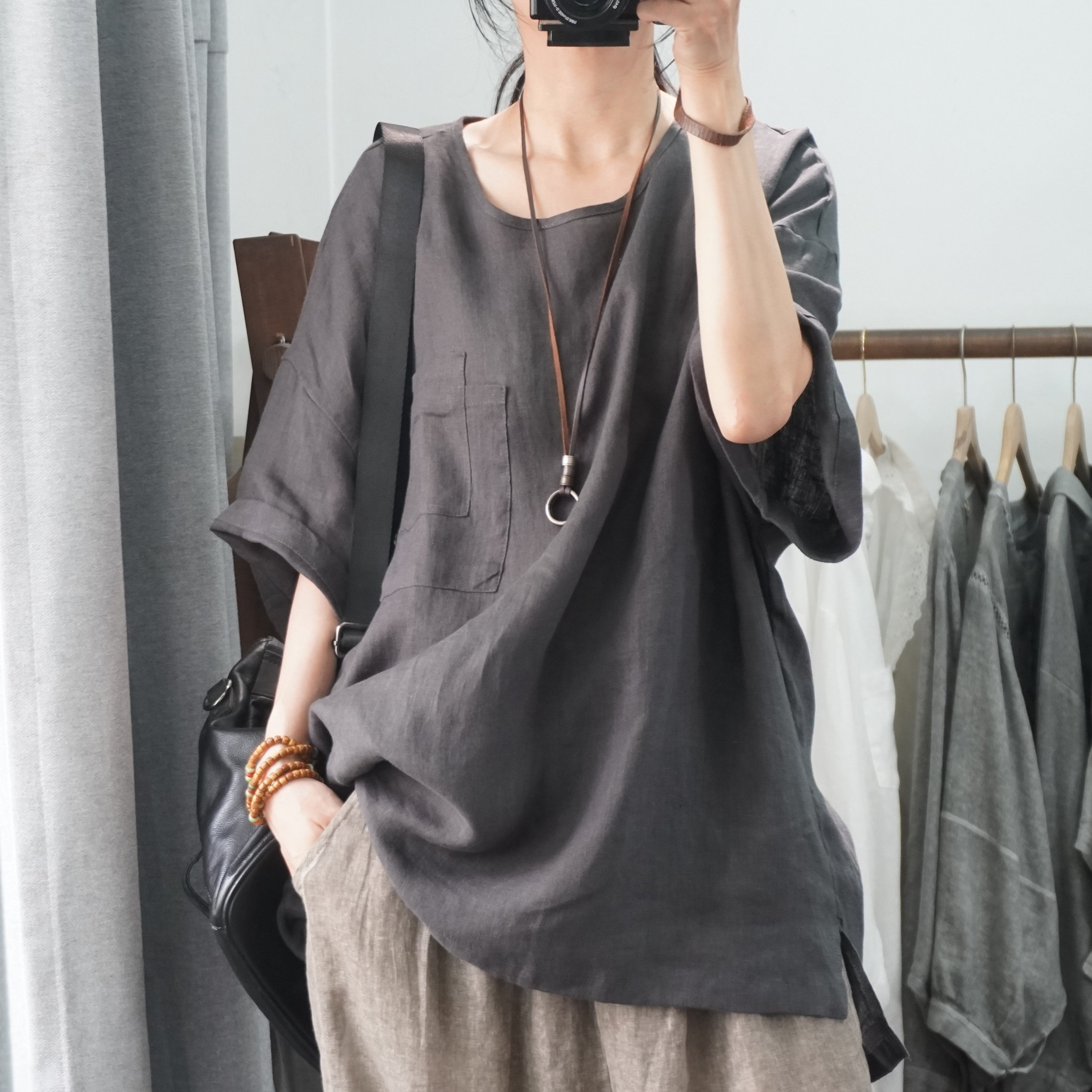 晨语 高品质纯亚麻中长款胖mm大码女装宽松显瘦大板型t恤胖人上衣