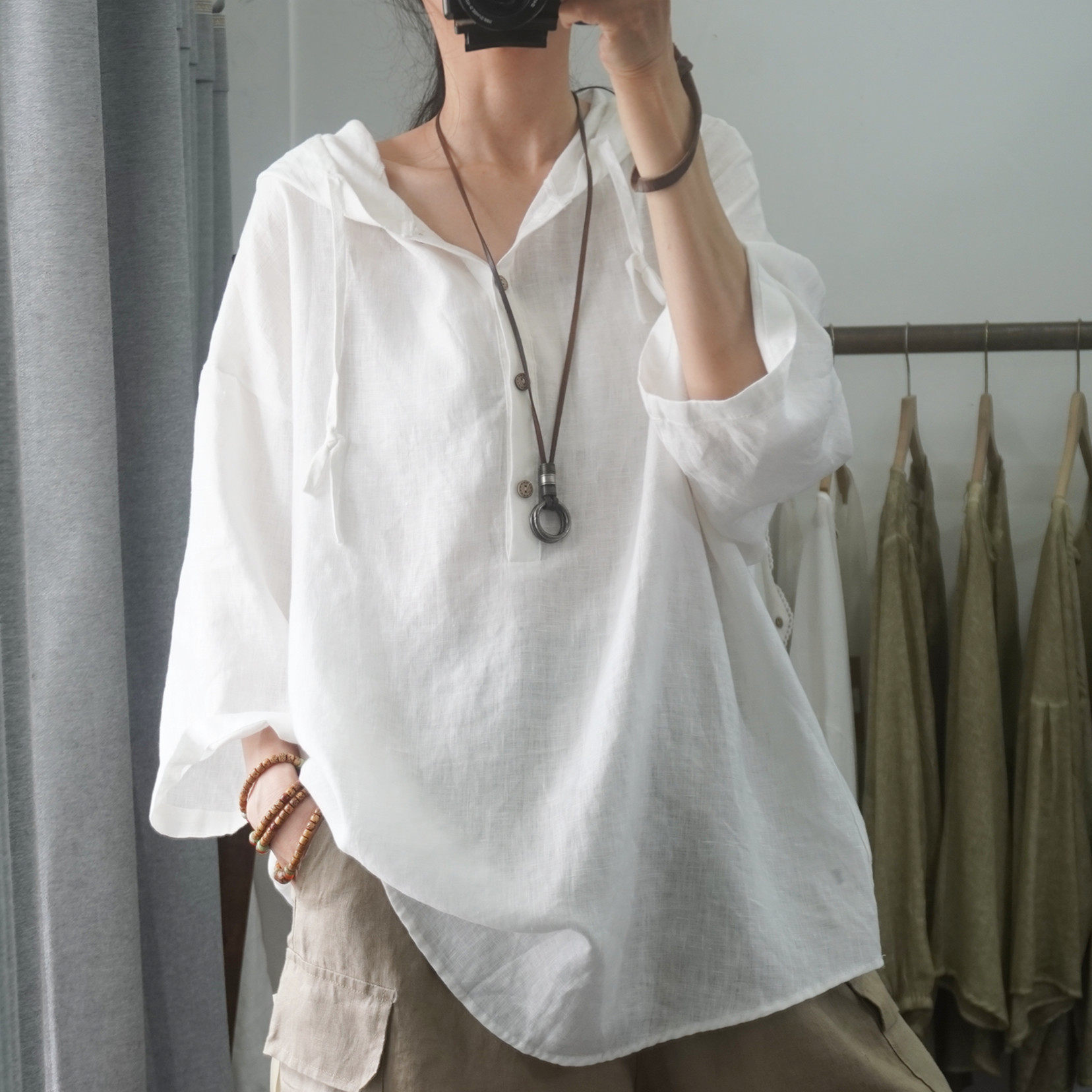 晨语 高品质纯亚麻连帽衫带帽上衣大码宽松半袖休闲胖mm女装夏装