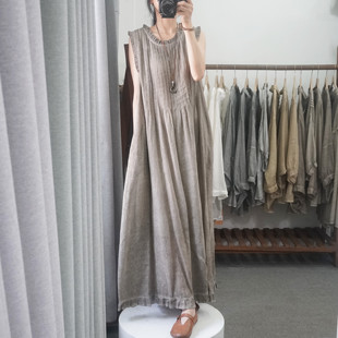 晨语 高品质苎麻连衣裙大码宽松浪漫法式度假风大裙摆休闲长裙夏