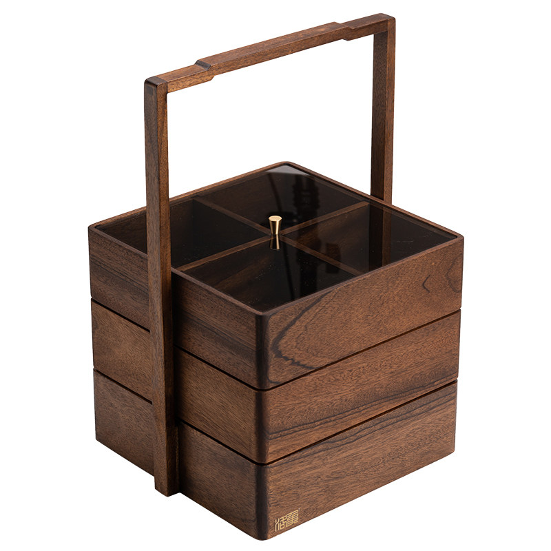 速发胡桃木盘中式户外糕点收纳盒手提式干果盒茶盒实木提茶点糖盒