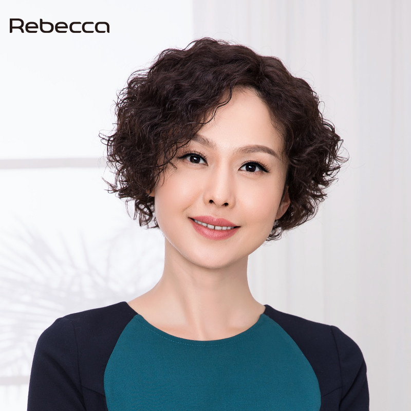 瑞贝卡假发女斜刘海短卷发波浪小卷烫卷发全真人发中老年妈妈头套