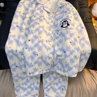 秋冬2025刺绣企鹅卡通少女家居服 空气棉夹层睡衣女款 24H发货