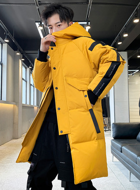 2025新款男女情侣户外中长款羽绒服韩版工装连帽加厚织带外贸