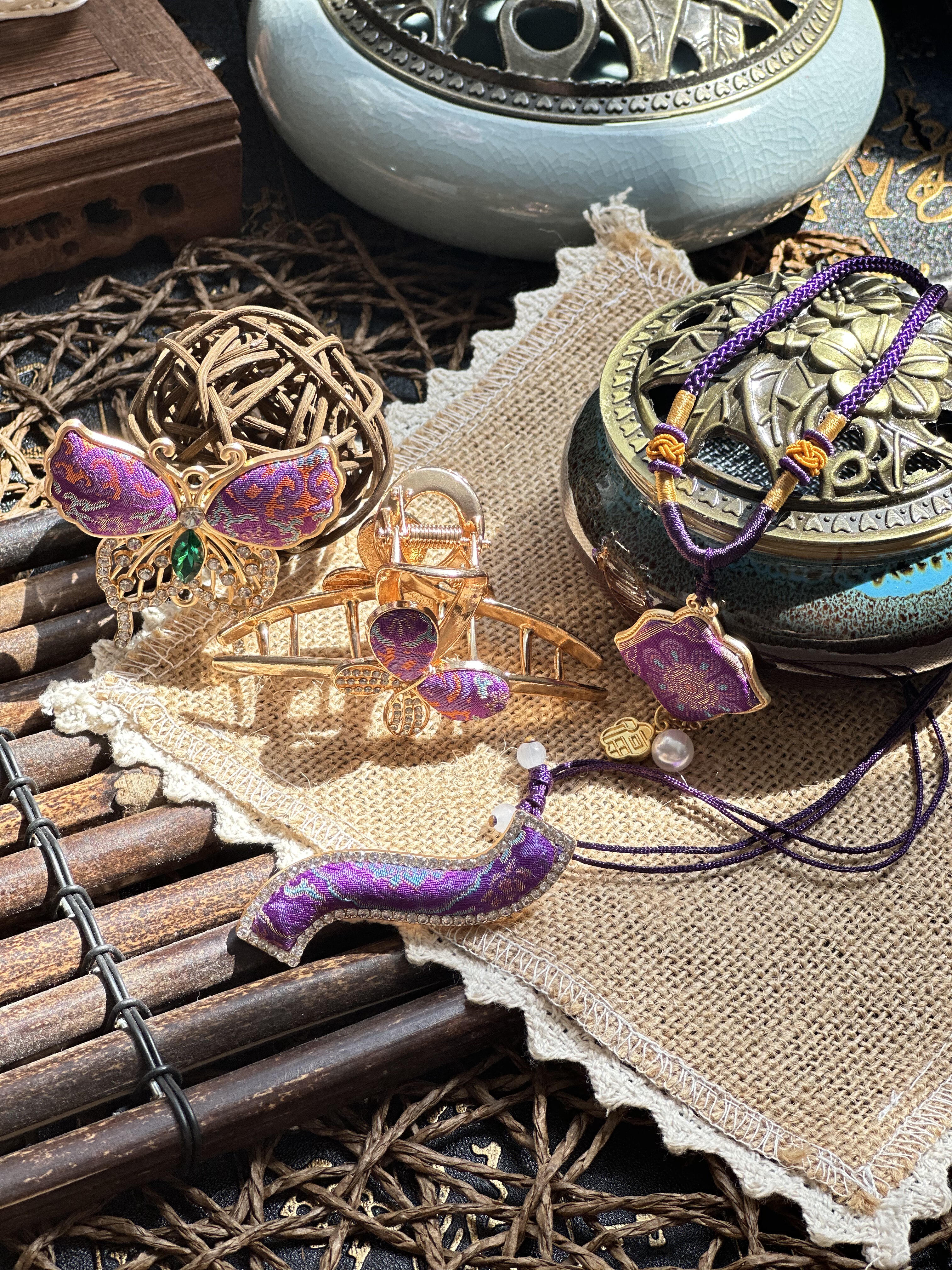 非遗名家宋锦项链手链镂空香囊蝴蝶结夹汉服发饰旗袍配饰古风头饰