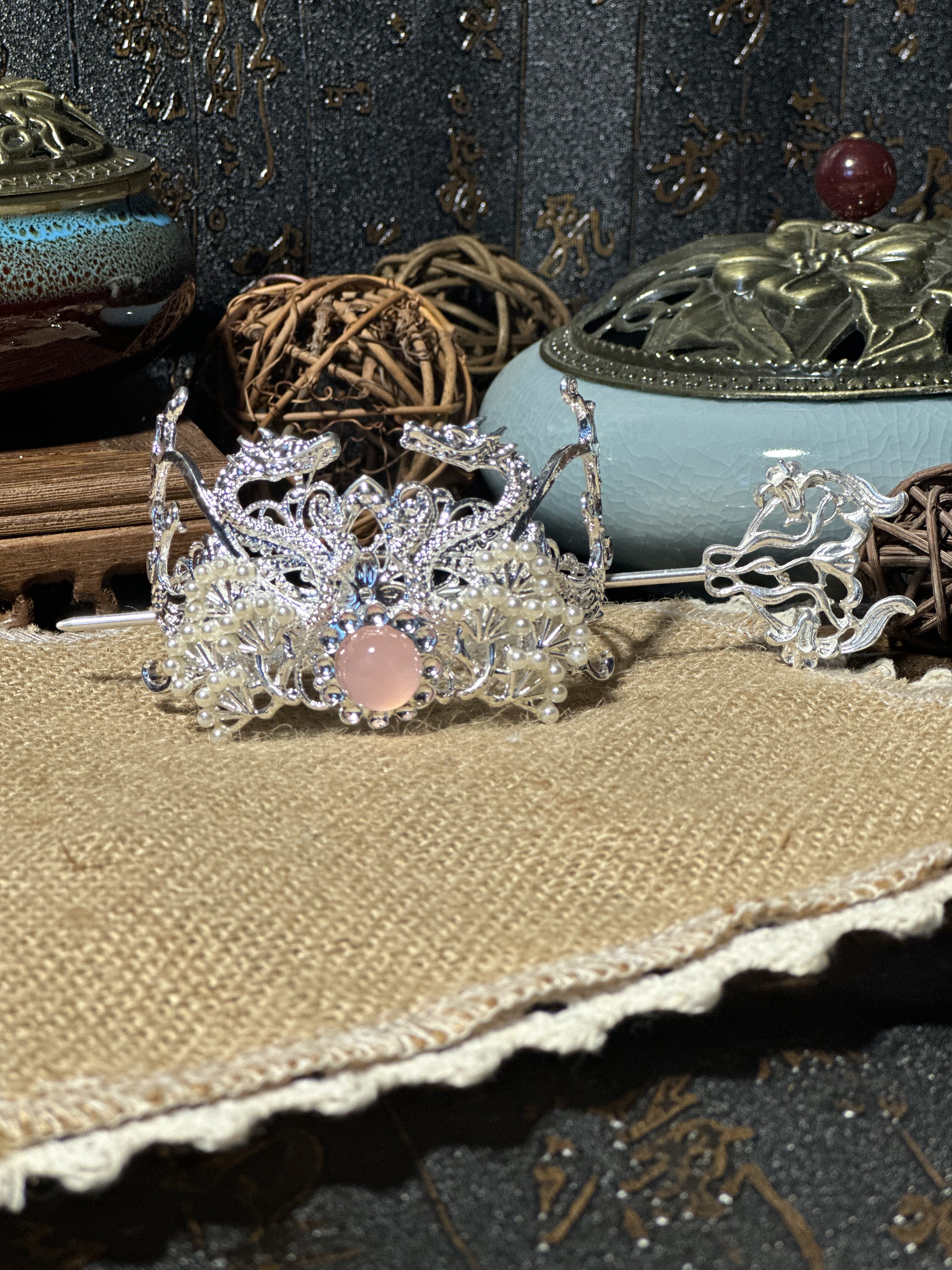 原创儿童女士汉服古风旗袍头饰发饰珍珠玛瑙发冠发圈发箍银色发簪