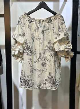 专柜同款 AXFS1印花半袖雪纺小衫一字肩小衫上衣30715006