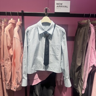 鸟+商场同款春季学院风短款可拆卸领带条纹衬衫女A1CAF1341