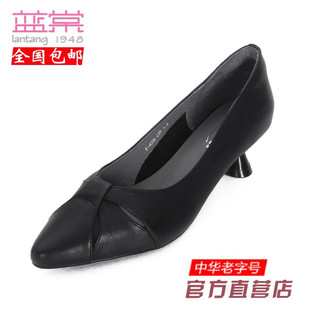 百搭细跟尖头女士凉鞋 蓝棠牛皮女鞋 黑色高跟鞋 新款 f4056春夏季