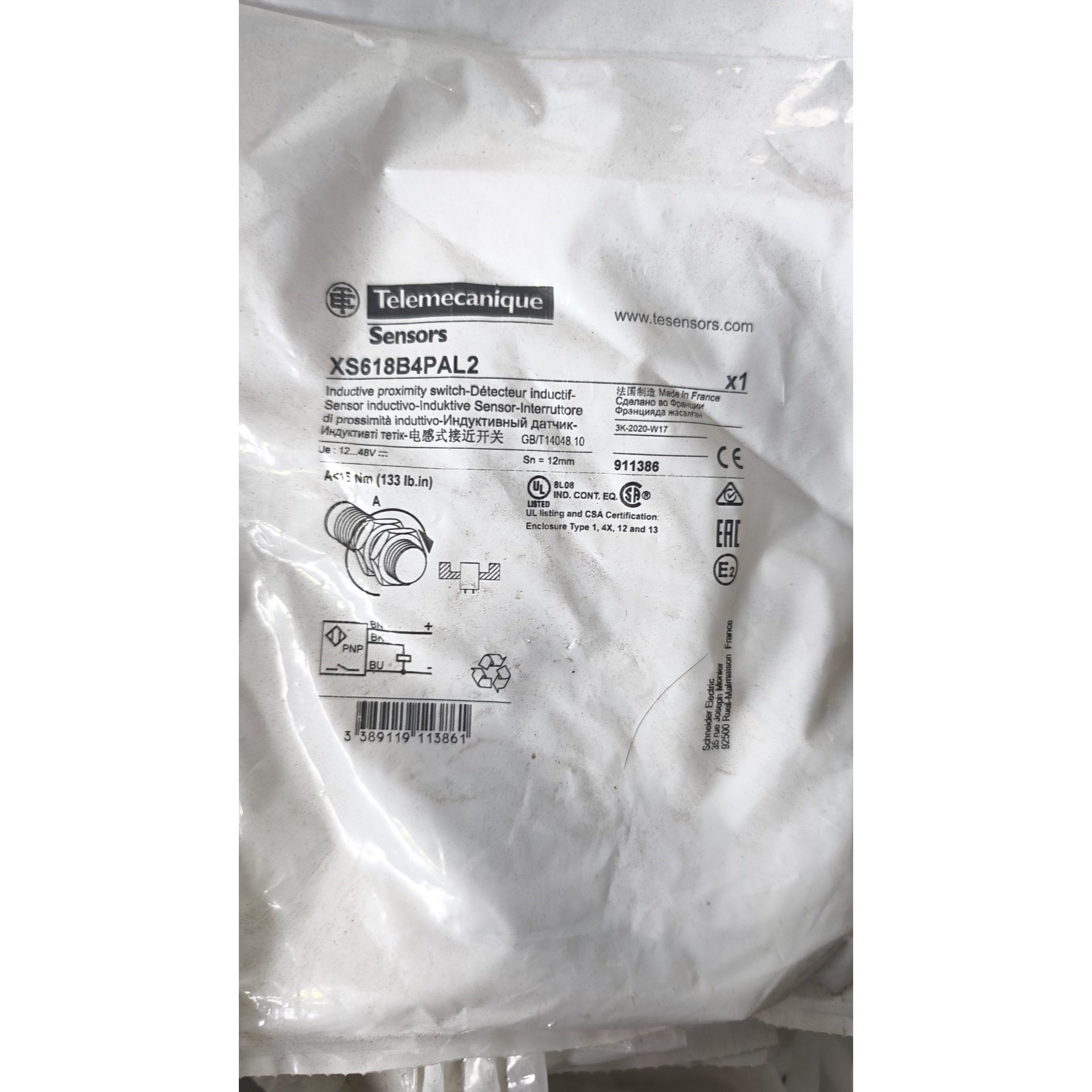 施耐德电感式接近开关XS618B4PAL2 法国制造全新拍前请询价