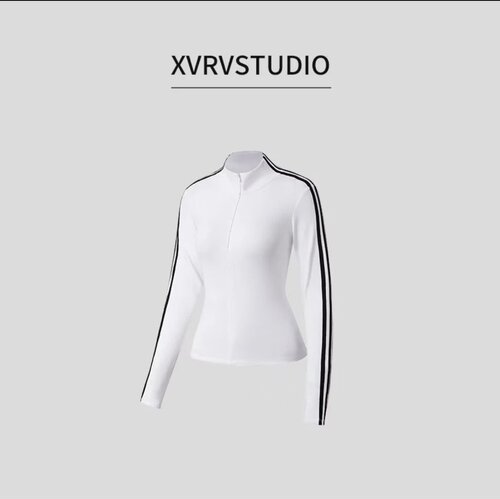 秋冬新款撞色条纹半拉链磨毛长袖显瘦百搭立领打底衫T恤