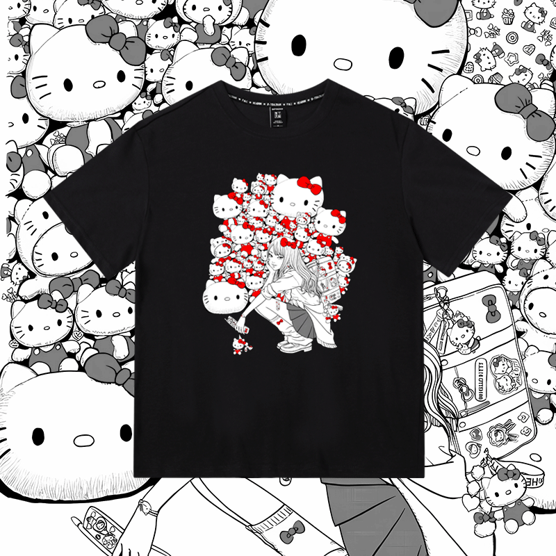 伊藤润二联名三丽鸥Hello Kitty与富江联动纯棉二次元短袖男女T恤