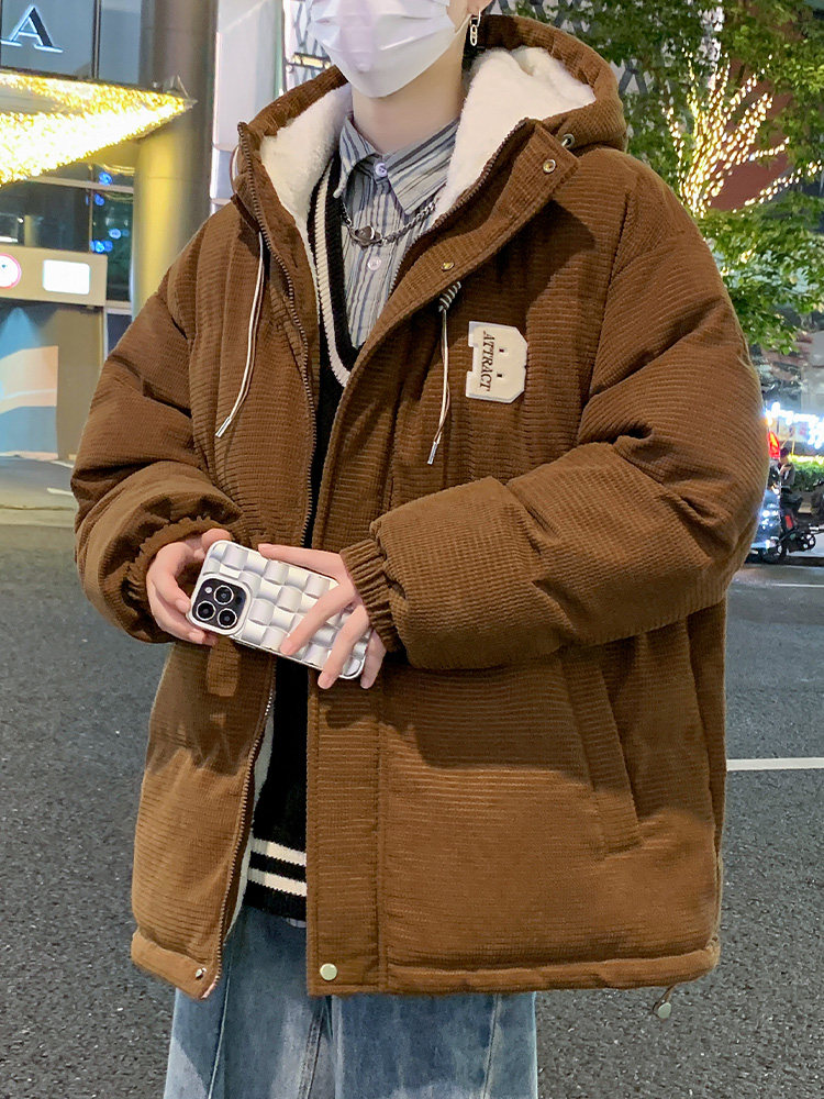 羊羔绒棉服男士冬季棉衣加绒加厚保暖外套潮流大码连帽羽绒棉袄子