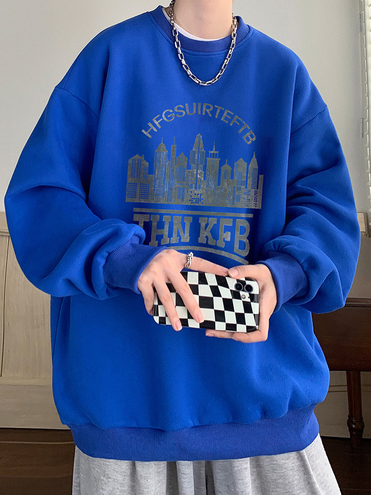 봄 가을 남성용 아메리칸 헤비급 라운드 넥 화이트 스웨트 셔츠 새로운 복고풍 트렌디 브랜드 캐주얼 플러스 사이즈 남아용 상의