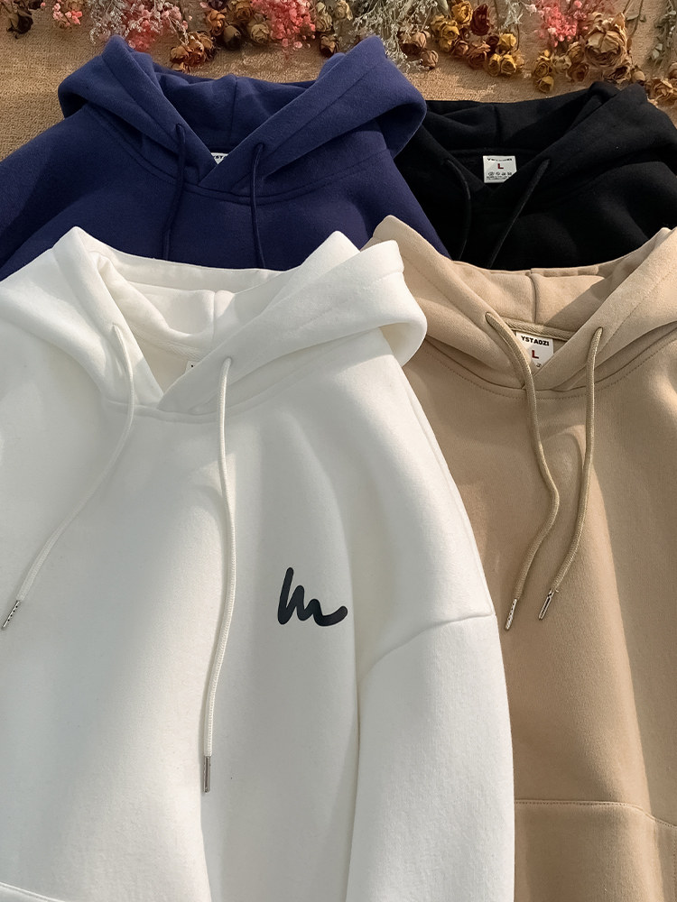 남성용 살구 후드 티셔츠 봄 가을 겨울 2024 새로운 미국 유행 브랜드 소년 용 헤비 플러스 벨벳 두꺼운 캐주얼 재킷