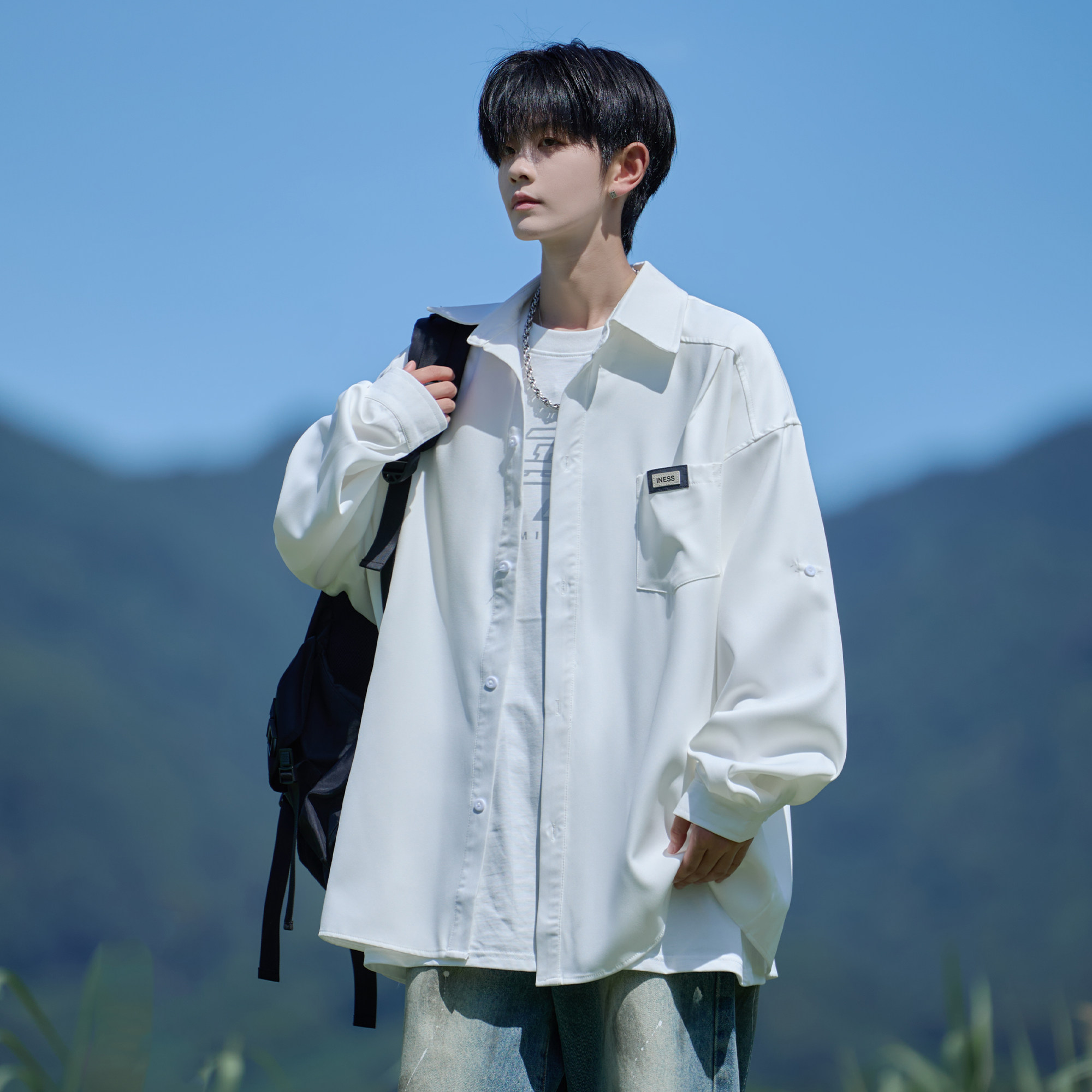thumbnail for Japanese draped ice silk black short sleeve shirt men's summer thin loose large size casual boys' shirt jacket