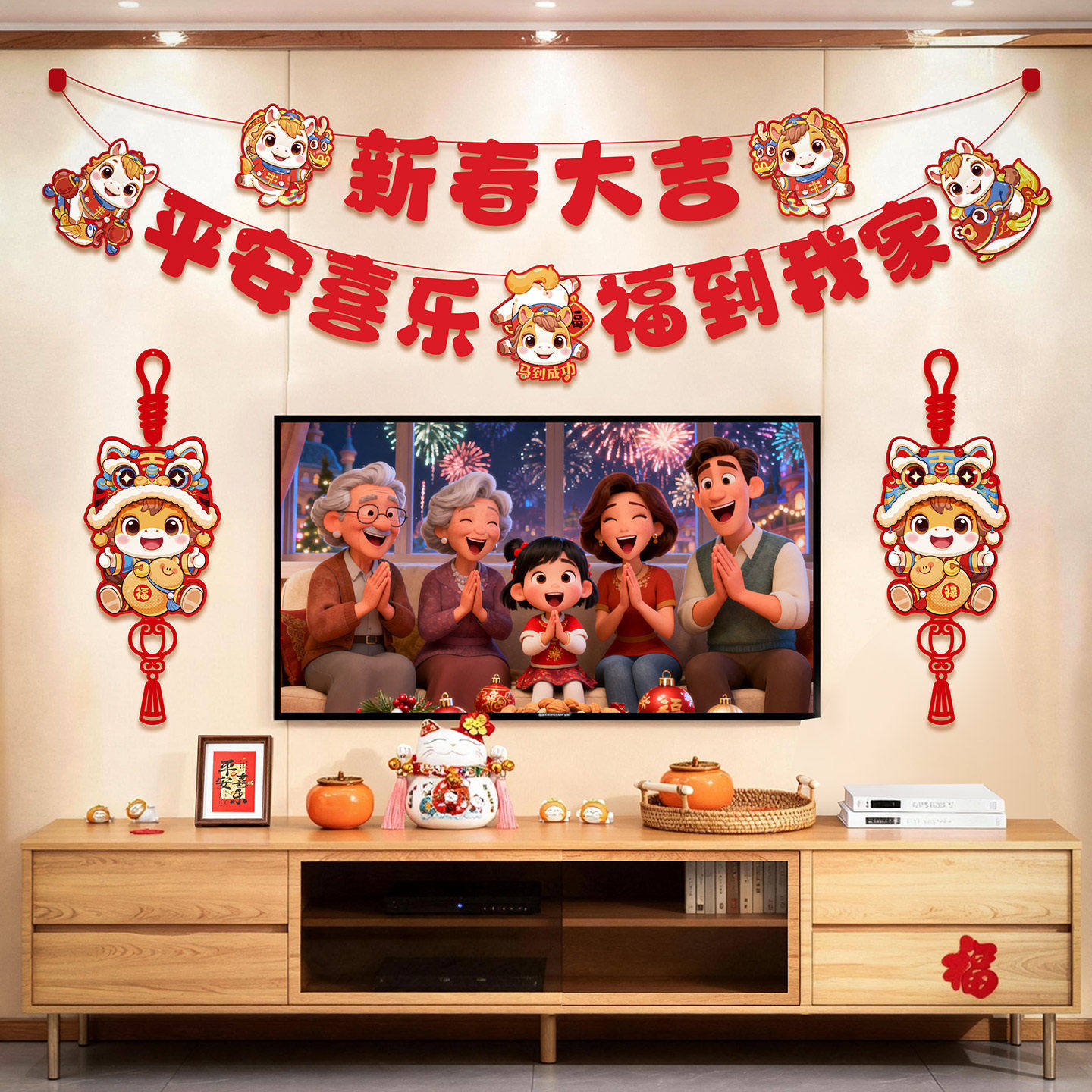 新年挂饰2026马年装饰品春节拉花客厅电视背景墙拉旗场景布置对联,节庆用品/礼品,对联,淘宝优惠券,粉丝福利购,淘宝优惠卷