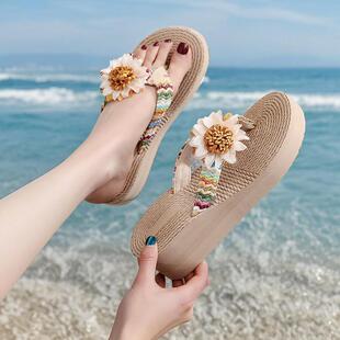厚底增高人字花朵拖鞋海边沙滩女士女款外穿配裙子可下水湿水轻便