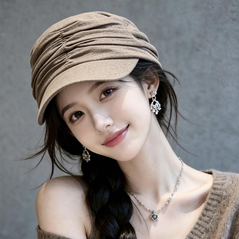 春秋帽子女款2026新款复古褶皱黑色马术帽显脸小贝雷帽百搭鸭舌帽