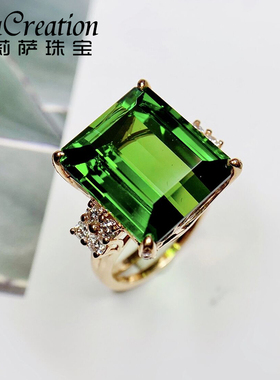 莉萨珠宝 奢华18K玫瑰金围镶钻石 16.35克拉电光绿天然绿碧玺戒指