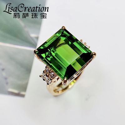 莉萨珠宝 奢华18K玫瑰金围镶钻石 16.35克拉电光绿天然绿碧玺戒指