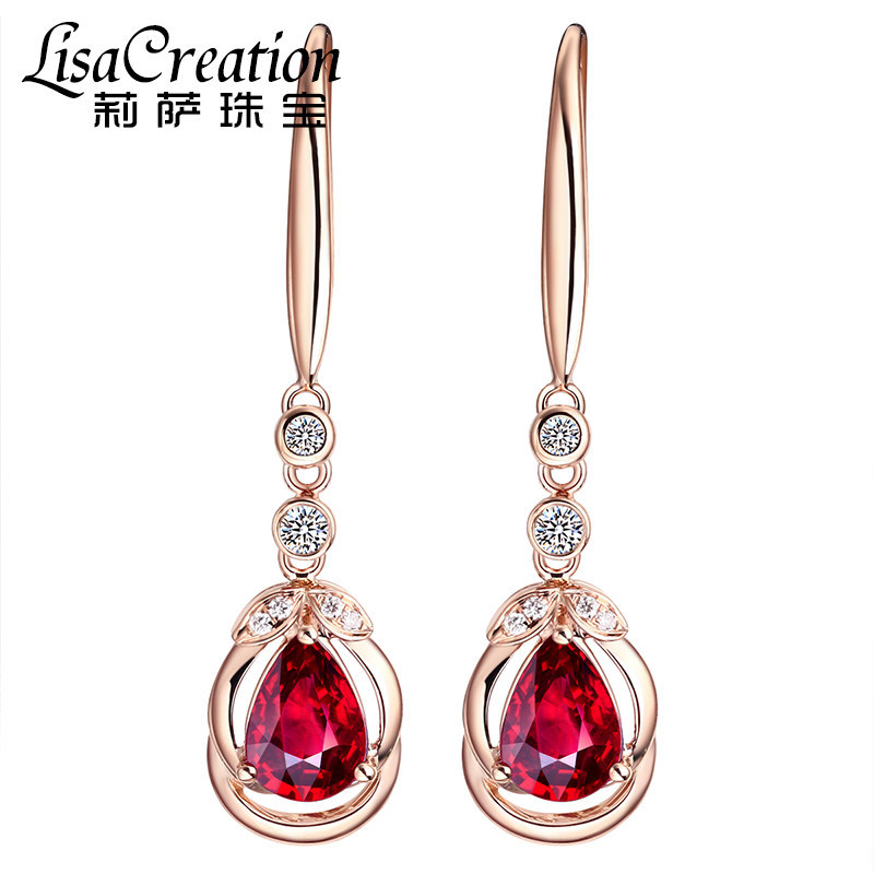 lisa creation梨形1.35克拉天然鸽血红碧玺耳环18K金彩色宝石耳饰