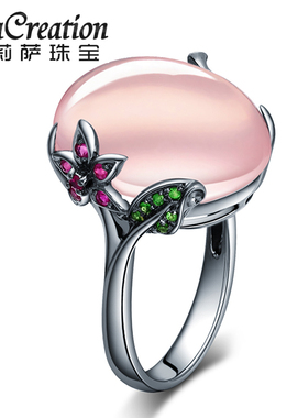 莉萨珠宝 17.75克拉天然芙蓉石戒指 18K黑金粉晶彩宝 女款 复古风