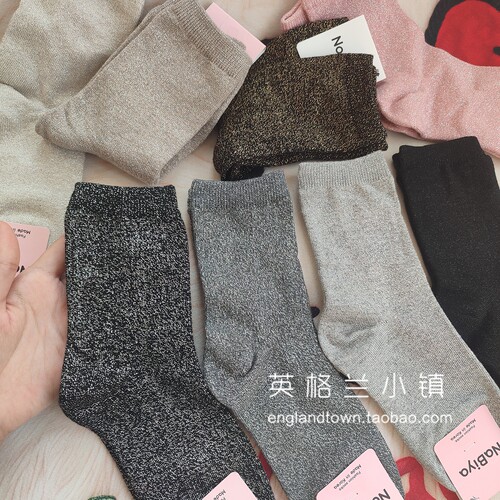 进口韩国亮丝银葱中筒棉袜