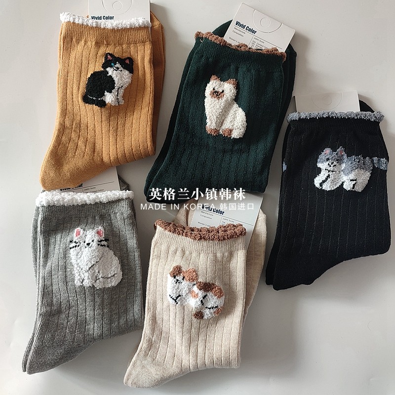 进口韩国正品东大门小猫咪图案绒花边中筒袜女可爱卡通秋冬薄棉