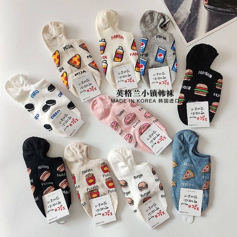 进口韩国东大门singgoba饼干汉堡可乐薯条船袜女隐形棉披萨防掉跟