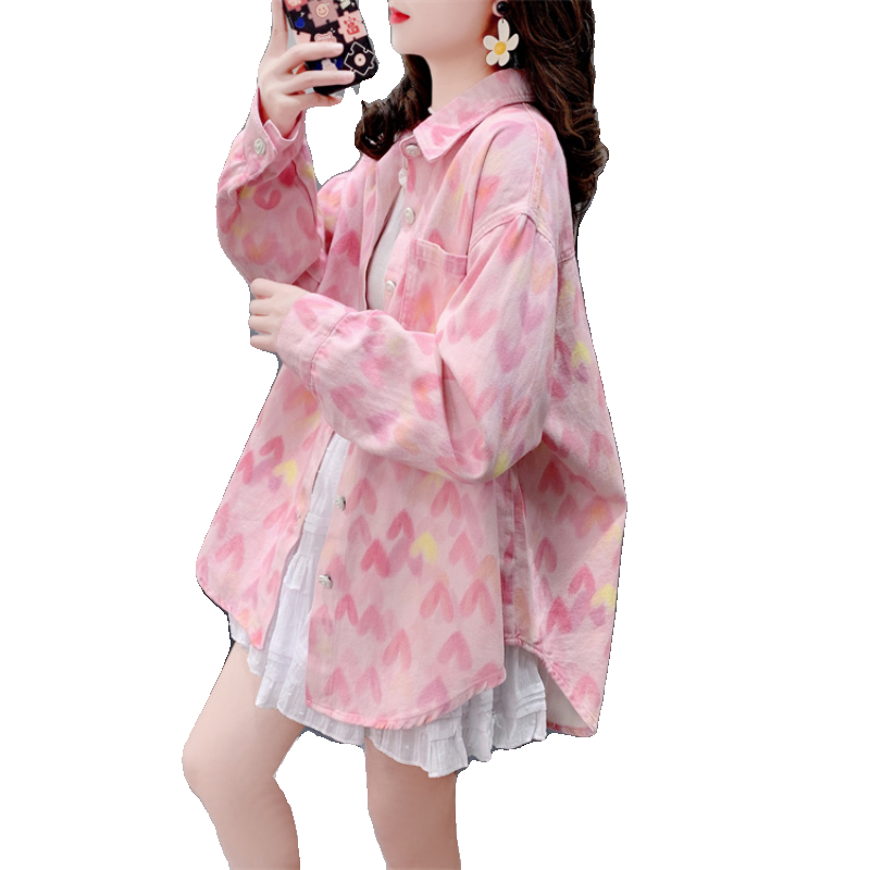 重工扎染粉色愛心牛仔襯衫女早春2024年新款寬松慵懶風(fēng)超好看上衣