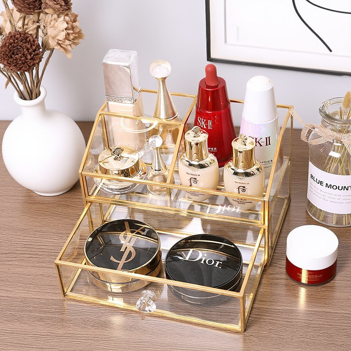 北欧轻奢玻璃化妆品收纳盒抽屉式梳妆台桌面护肤品香水饰品置物盒