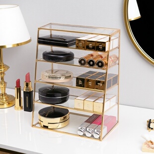 玻璃化妆品桌面收纳盒口红收纳架 眼影彩妆粉饼架北欧ins风置物架