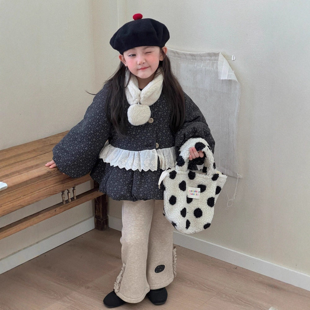 韩版碎花外套送围脖女童棉衣冬季儿童花边甜美加厚保暖加绒喇叭裤