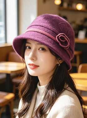 时尚兔毛绒鸭舌保暖帽子女冬天妈妈防寒毛线手套帽中老年奶奶围巾